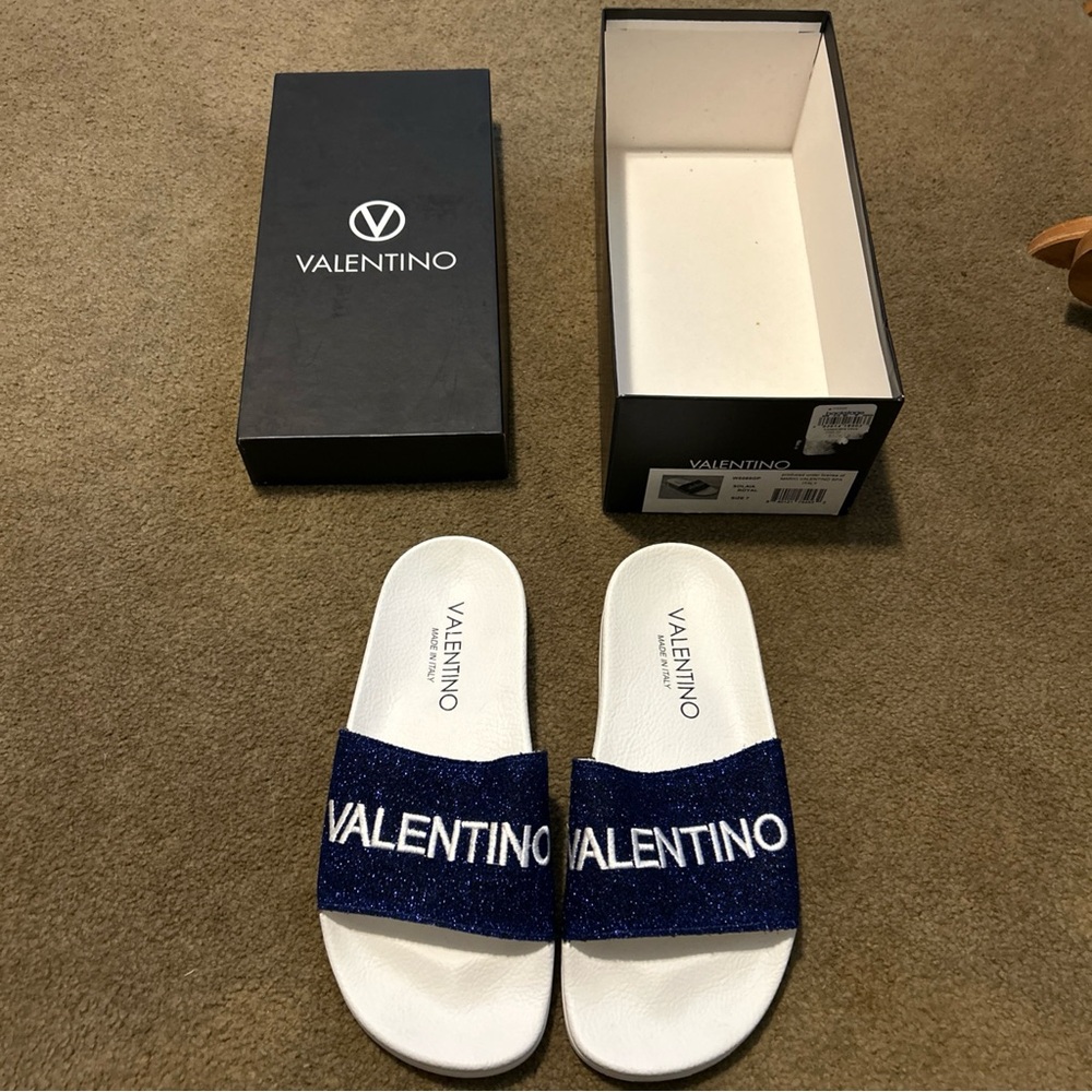 Valentino White and Blue Slides
